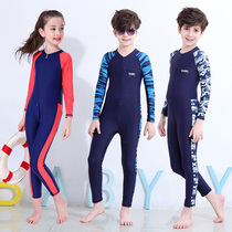 Childrens swimsuit Medium and large childrens long sleeve one-piece sunscreen training swimsuit Boy and girl student quick-drying swimming suit