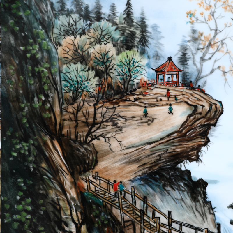 Jingdezhen hand - made painting Deng Zhi, head of background landscape wooden partition wall adornment guest dining room porch hang a picture