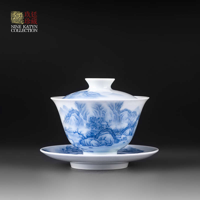 Nine at the jingdezhen ceramic kung fu tea set single tureen pure manual hand - made of blue and white porcelain three small bowl bowl 90 ml