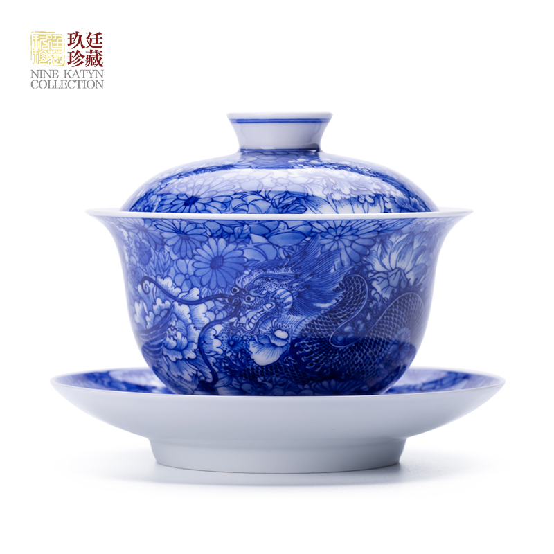 Three to nine at the tureen jingdezhen blue and white longfeng hand - made ceramic cups flower tea bowl of kung fu tea set by hand