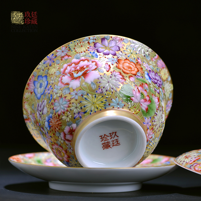 Three to nine katyn colored enamel craft ceramics tureen jingdezhen tea cups hand - made gold base flower tea cup bowl