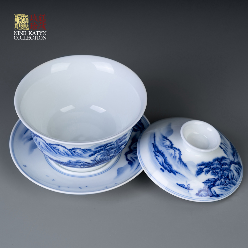 Nine at jingdezhen blue and white big tureen manual hand - made landscape ceramic kung fu tea set three single tea bowl to bowl