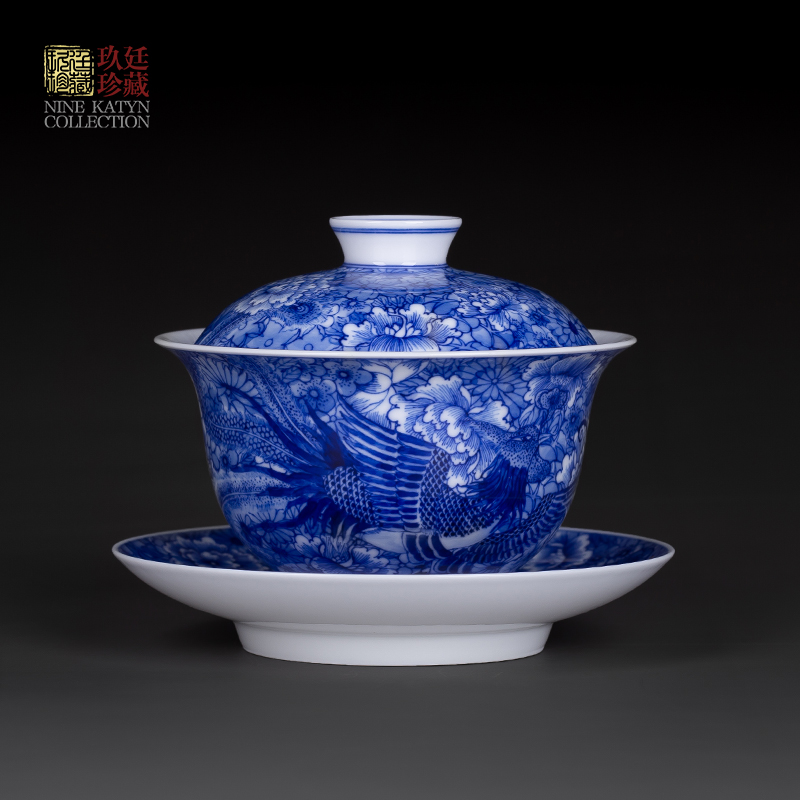 Three to nine at the tureen jingdezhen blue and white longfeng hand - made ceramic cups flower tea bowl of kung fu tea set by hand