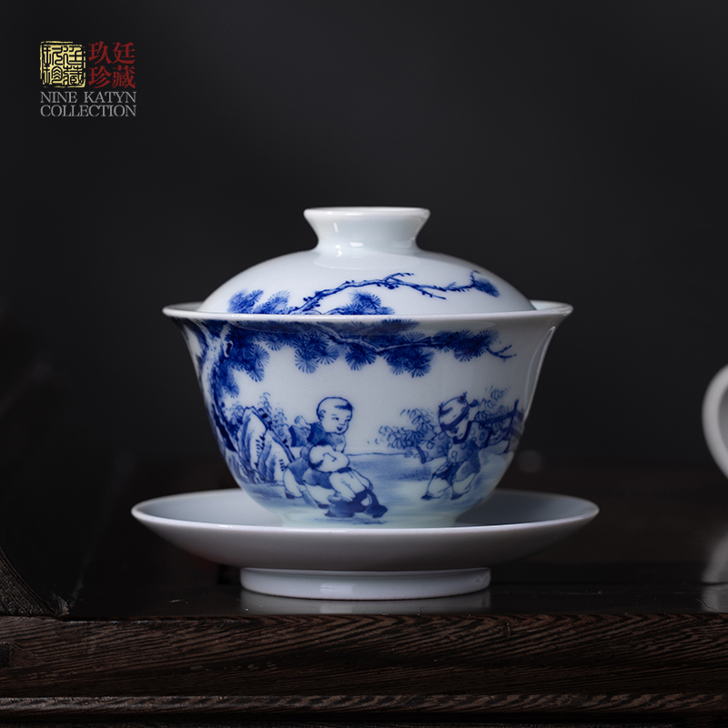 About Nine katyn checking ceramic tureen jingdezhen blue and white only three hand - made single bowl bowl of tea cup small kung fu tea set