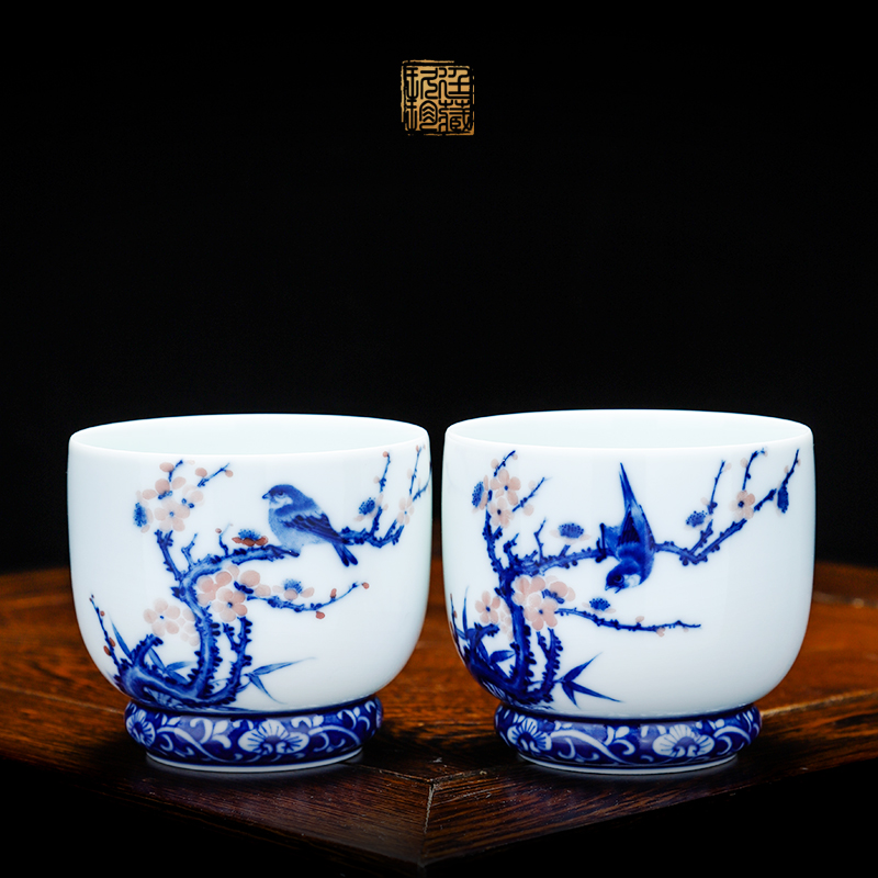 About Nine katyn manual master cup of jingdezhen blue and white glaze hand - made kung fu tea set the color of a cup of tea cups