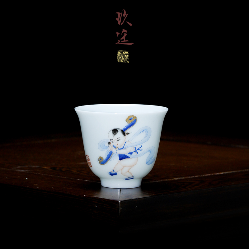 Nine at jingdezhen hand - made colored enamel fu lu shou lad sample tea cup of tea by hand, single glass ceramic tea tea set