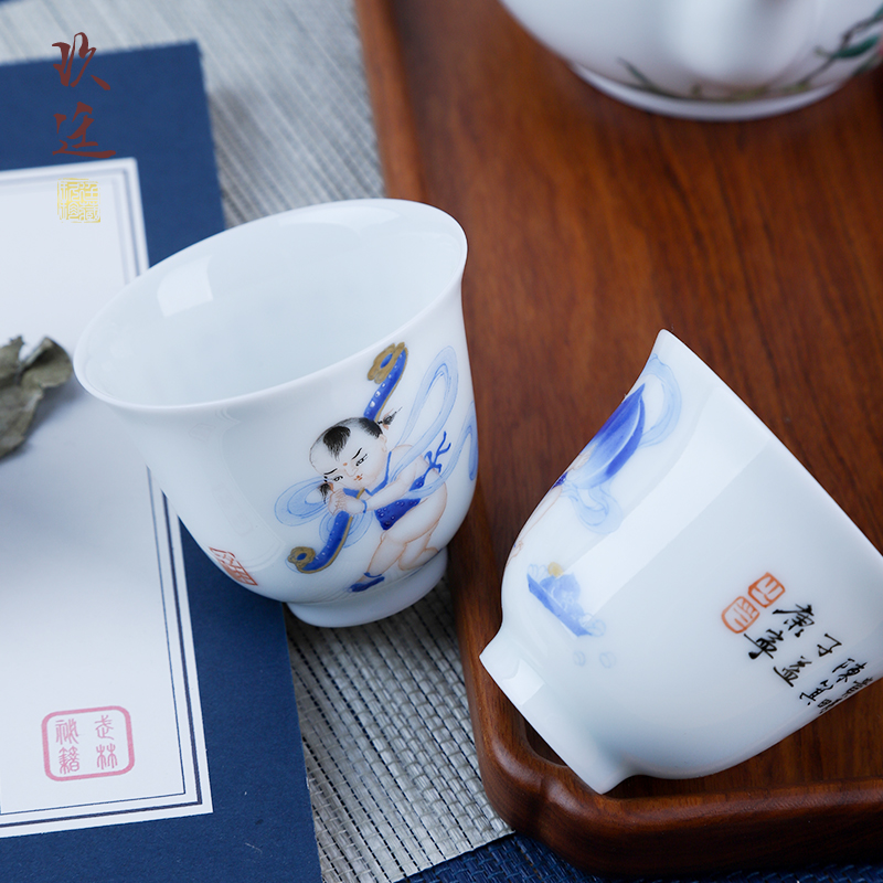 Nine at jingdezhen hand - made colored enamel fu lu shou lad sample tea cup of tea by hand, single glass ceramic tea tea set