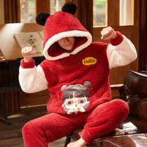 Coral velvet pajamas mens autumn and winter thickened warm hooded cute cartoon set young mens flannel home wear
