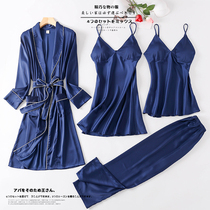 Silk pajamas female sexy four-piece suspender nightgown Ice Silk long sleeve suit spring and autumn thin home wear robe