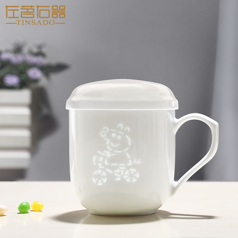 Pig jingdezhen ceramic cup white porcelain with cover page separation office tea tea cup small take filtering