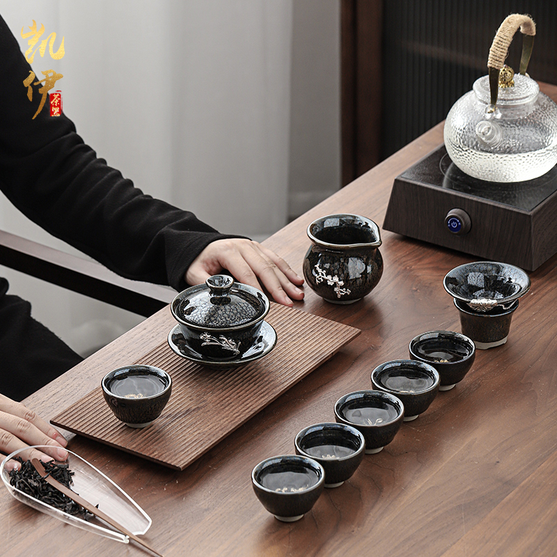 Build light hand with silver tureen tea sets kung fu tea set silver cup temmoku obsidian ceramic tea sets with tea