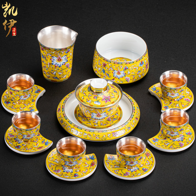 Colored enamel fate coppering. As silver cup kung fu tea set jingdezhen ceramic tea tureen household silver cup