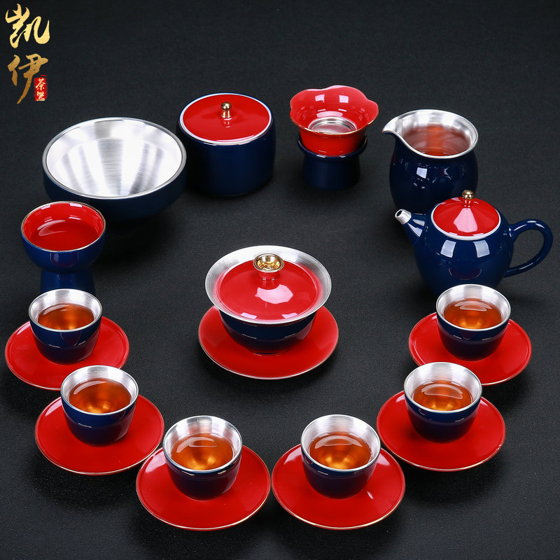 Tasted silver gilding ji 999 blue red tea set household jingdezhen ceramic kung fu tea tea tureen teapot