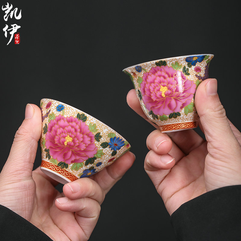 Silver colored enamel peony cup kung fu tea set sample tea cup of jingdezhen ceramic cup tea master cup tea cup