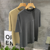 Island Nation Street Tide Card Male 260G Twin Yarn Washed full cotton High Dingknit Neri embroidery for old short sleeve T-shirt