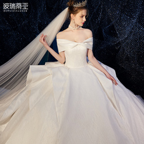 2021 new wedding dress satin word shoulder main wedding dress tail new bride simple and generous out of the yarn