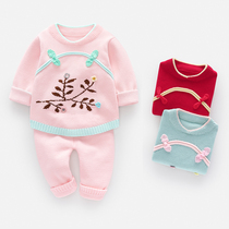 Tang clothing baby autumn Han clothing sweater suit Knitwear Spring and autumn female baby autumn and winter girl coat foreign clothes