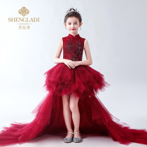 Childrens trailing dress Princess dress puffy gauze girl model catwalk evening dress red Chinese piano performance suit