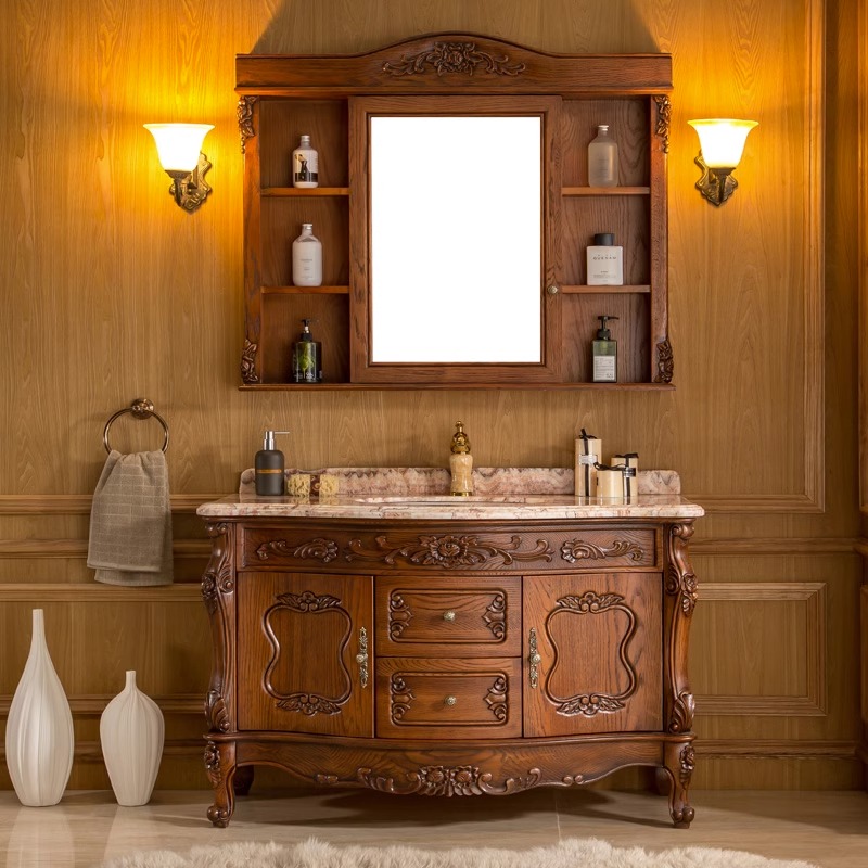 Eurostyle Bath Cabinet Red Oak Wood Imitation Ancient Bathroom Cabinet Solid Wood Wash Terrace Toilet Marble Washbasin Cabinet Combo-Taobao