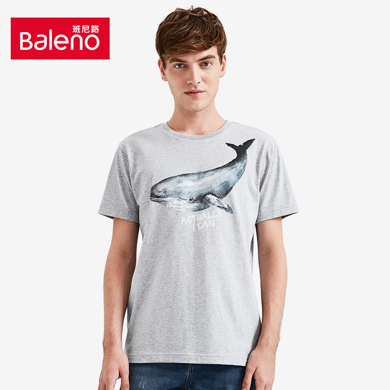 baleno/班尼路 纯棉简约图案短袖t恤男 圆领鲸鱼印花个性上衣男