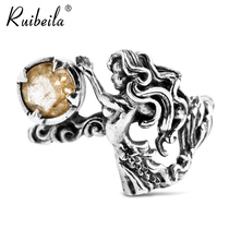 ruibeila925 silver Tang grass pattern mermaid princess gemstone ring vintage personality couple ring tail ring tide