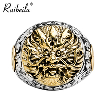 ruibeila925 silver vintage Tang grass pattern dragon head dragon king opening ring male oriental domineering zodiac dragon ring