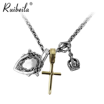 ruibeila925 silver vintage mirror crown cross pendant combination women European and American couple pendant necklace tide
