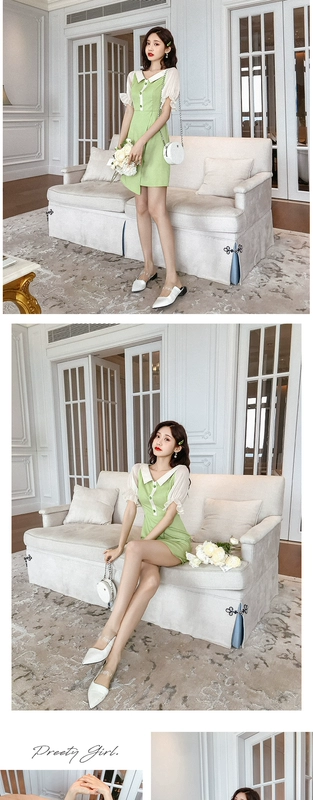 Mùa hè 2021 tính khí mới của phụ nữ váy bơ màu xanh lá cây ngắn tay eo nhỏ váy voan nữ - váy đầm