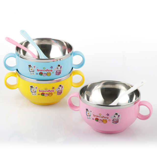 Bo view baby 304 stainless steel tableware children iron bowl against falling eat rice bowl with cover ears handle pupil