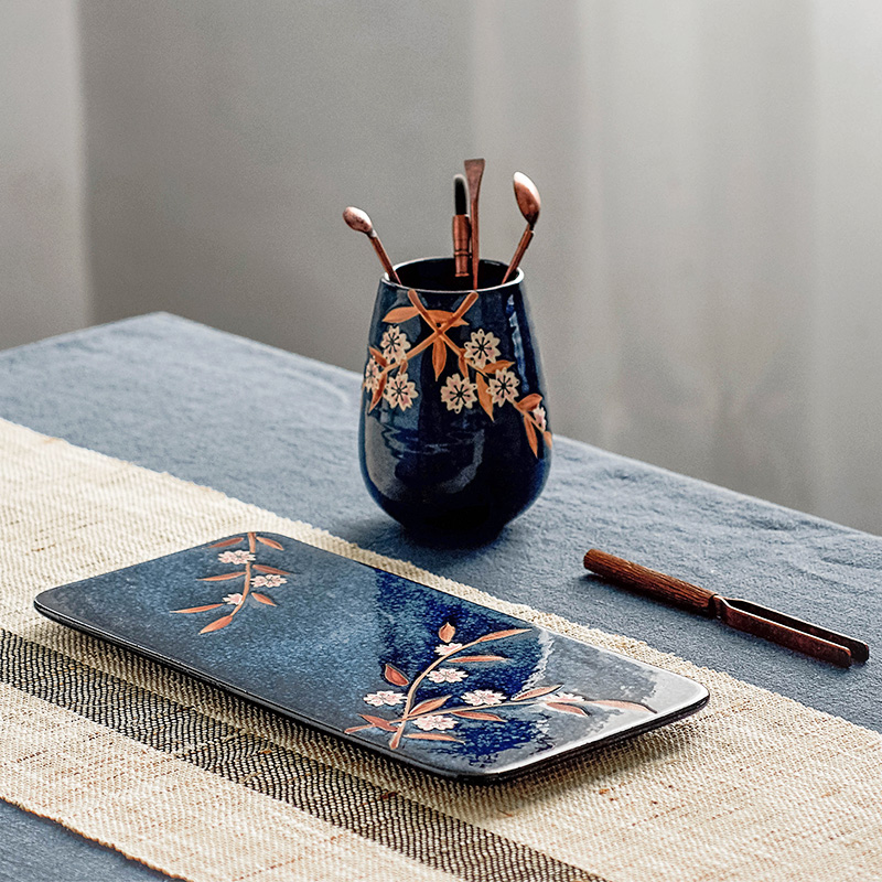 Qiu time household kung fu tea tea accessories blue glaze cherry blossom put hand - made ceramic tea saucer retainer plate dry terms plate