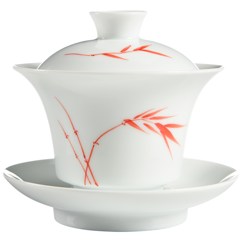 Having dehua white porcelain tureen kung fu tea set large hand - made ceramic bowl is only three bowl to bowl tea cup