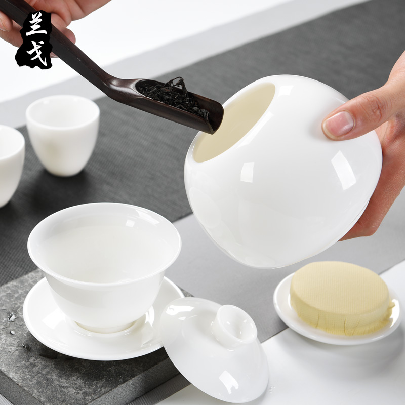 Having suet jade porcelain kung fu tea set suit household dehua white porcelain tea set teapot teacup of a complete set of accessories
