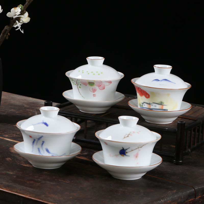 White porcelain three 300 ml cup tureen large kung fu tea set suit household ceramic accessories hand - made to bowl