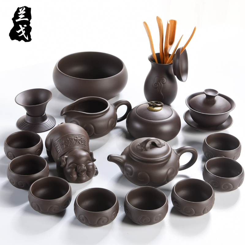 Having yixing purple sand kung fu tea set suit household accessories undressed ore old xi shi purple clay pot of ceramic cup teapot