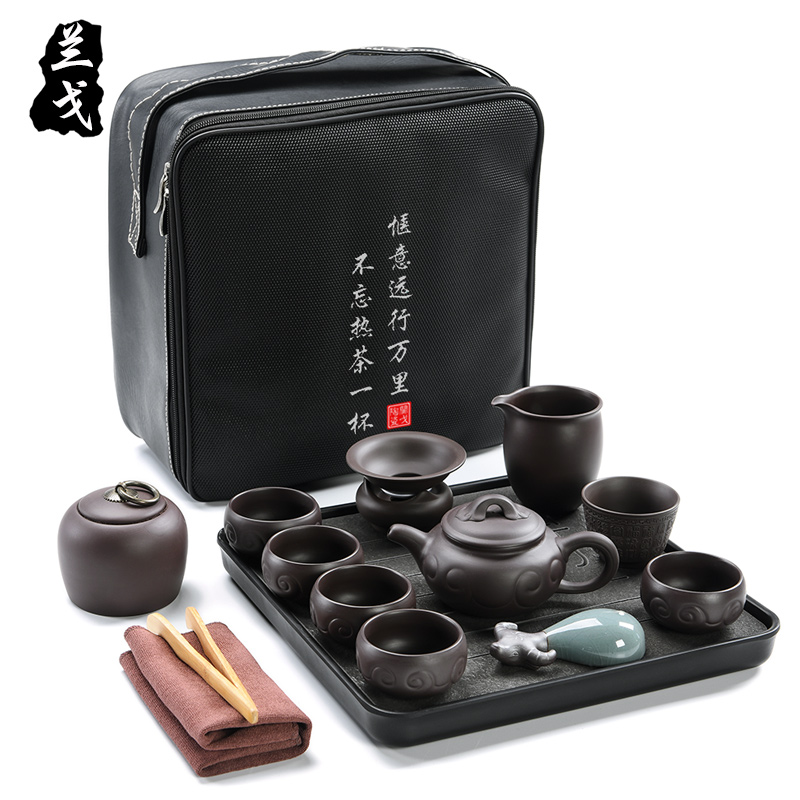 Having purple portable travel kung fu tea set suit small household set of ceramic teapot teacup small tea tray