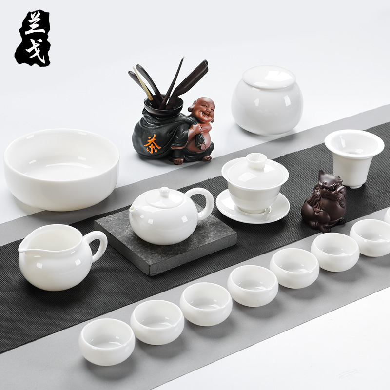 Having suet jade porcelain kung fu tea set suit household dehua white porcelain tea set teapot teacup of a complete set of accessories
