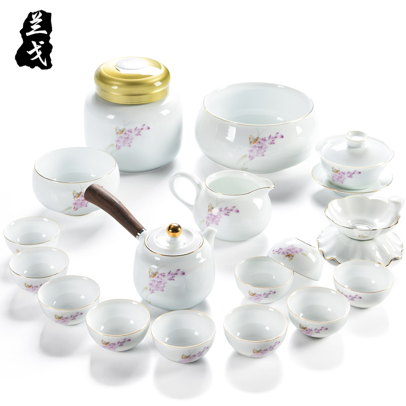 Having a complete set of white porcelain kung fu tea set fat white ceramic teapot tea tureen washing cup gift set gift boxes