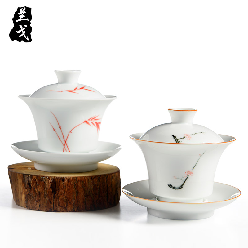 Having dehua white porcelain tureen kung fu tea set large hand - made ceramic bowl is only three bowl to bowl tea cup