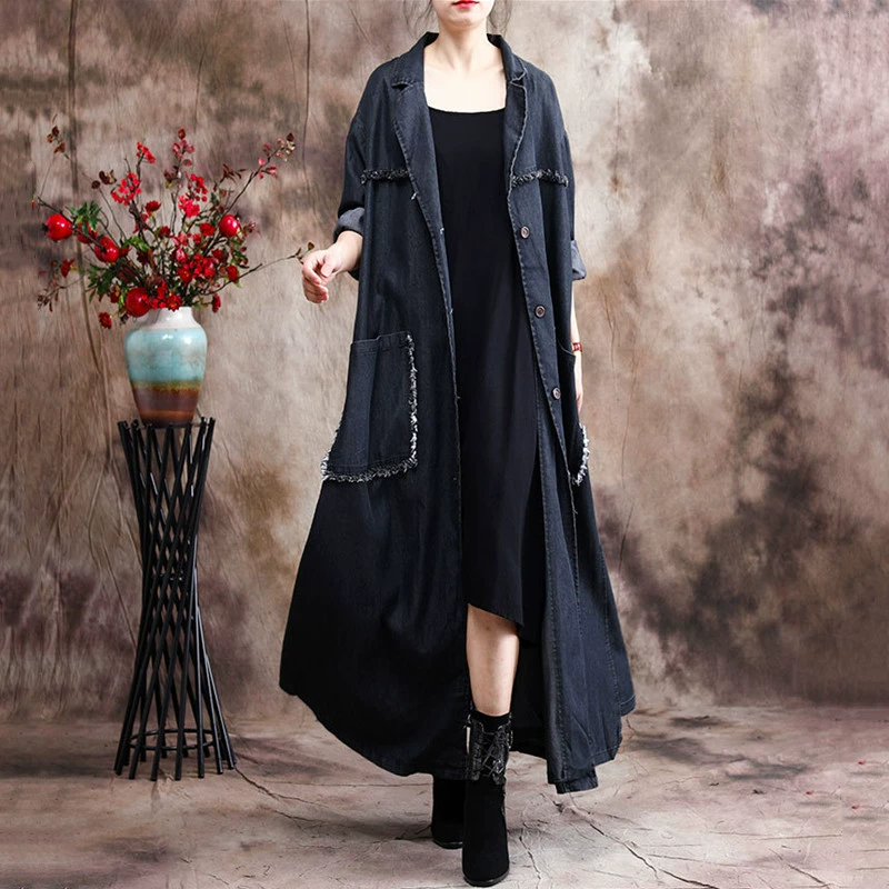 21 mùa xuân mới cộng với kích thước của phụ nữ văn học retro không thường xuyên denim áo gió dài áo khoác cardigan lỏng lẻo - Trench Coat
