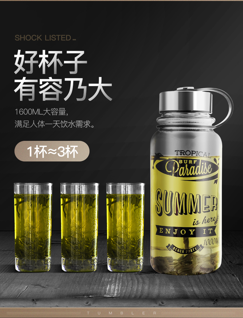 超大容量男大号1000ml便携瓶玻璃杯介绍