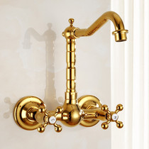 European-style all-copper jade in-wall hot and cold water faucet Laundry pool faucet double hole rotating wall-mounted golden mixing valve