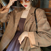 Wei Yanni Santa Rita fashion style retro Korean version of temperament Curry color plaid long sleeve suit