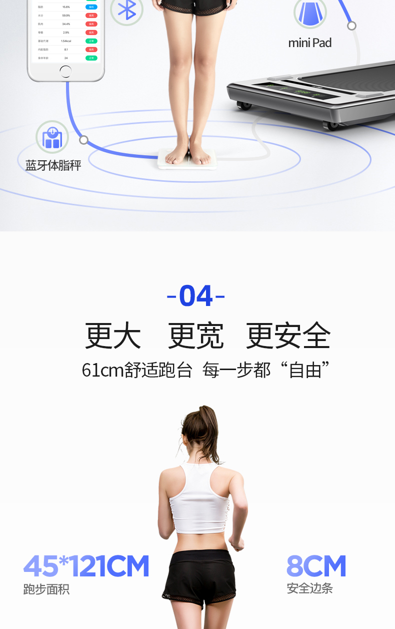 mini pad蓝牙体脂秤04更大更宽更安全61cm舒适跑台每一步都“自由”45*121CM8CM跑步面积安全边条-推好价 | 品质生活 精选好价