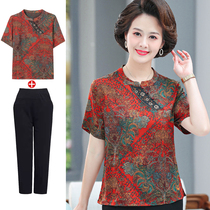 Middle aged woman dress big code Hangzhou silk real silk blouse mother summer clothes mulberry silk short sleeve t-shirt foreign air suit