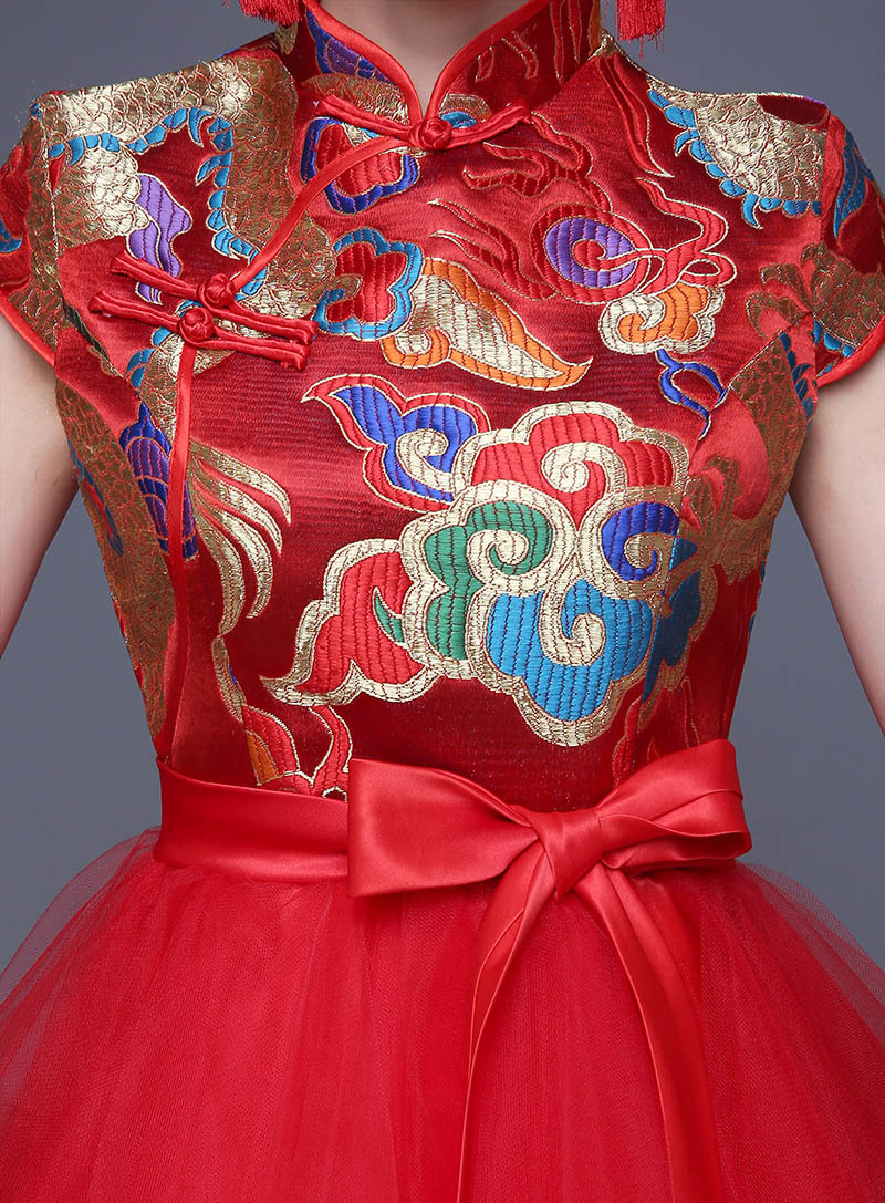 新娘旗袍夏季短款结婚蓬蓬裙表演出服大码婚礼敬酒服中式婚纱礼服
