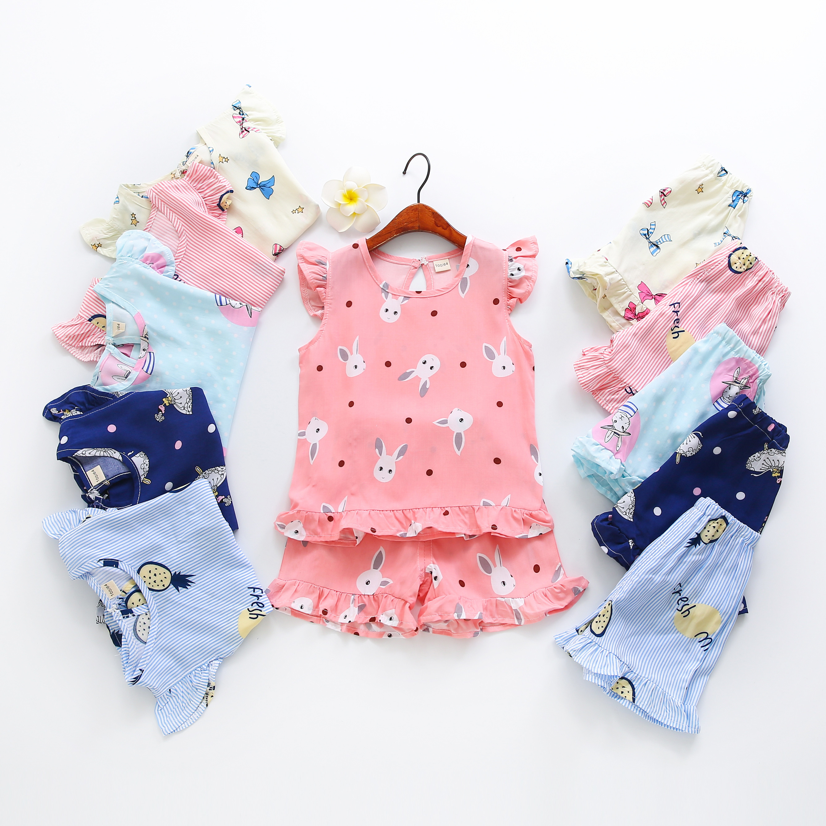 女童人造棉夏季薄款绵绸空调服儿童可爱棉绸套装家居服女宝宝睡衣 Изображение 1 女童人造棉夏季薄款绵绸空调服儿童可爱棉绸套装家居服女宝宝睡衣 Изображение 1