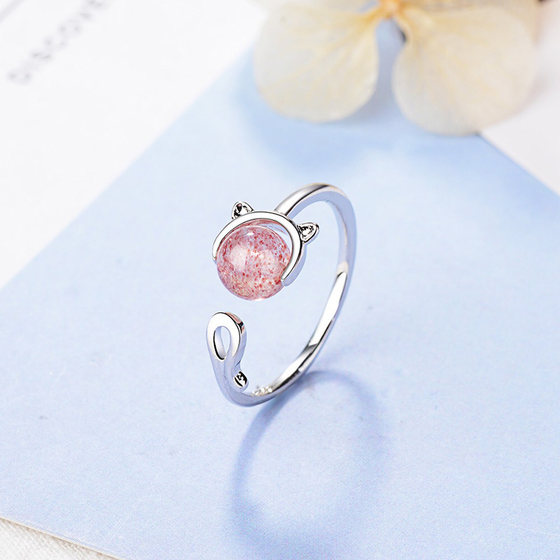 S925 Silver Cat Strawberry Crystal Ring Female Powder Crystal Recruitment Peach Blossom Operation Ring Ring Ringzhu Finger Ring S925 Silver Cat Strawberry Crystal Ring Female Powder Crystal Recruitment Peach Blossom Operation Ring Ring Ringzhu Finger Ring