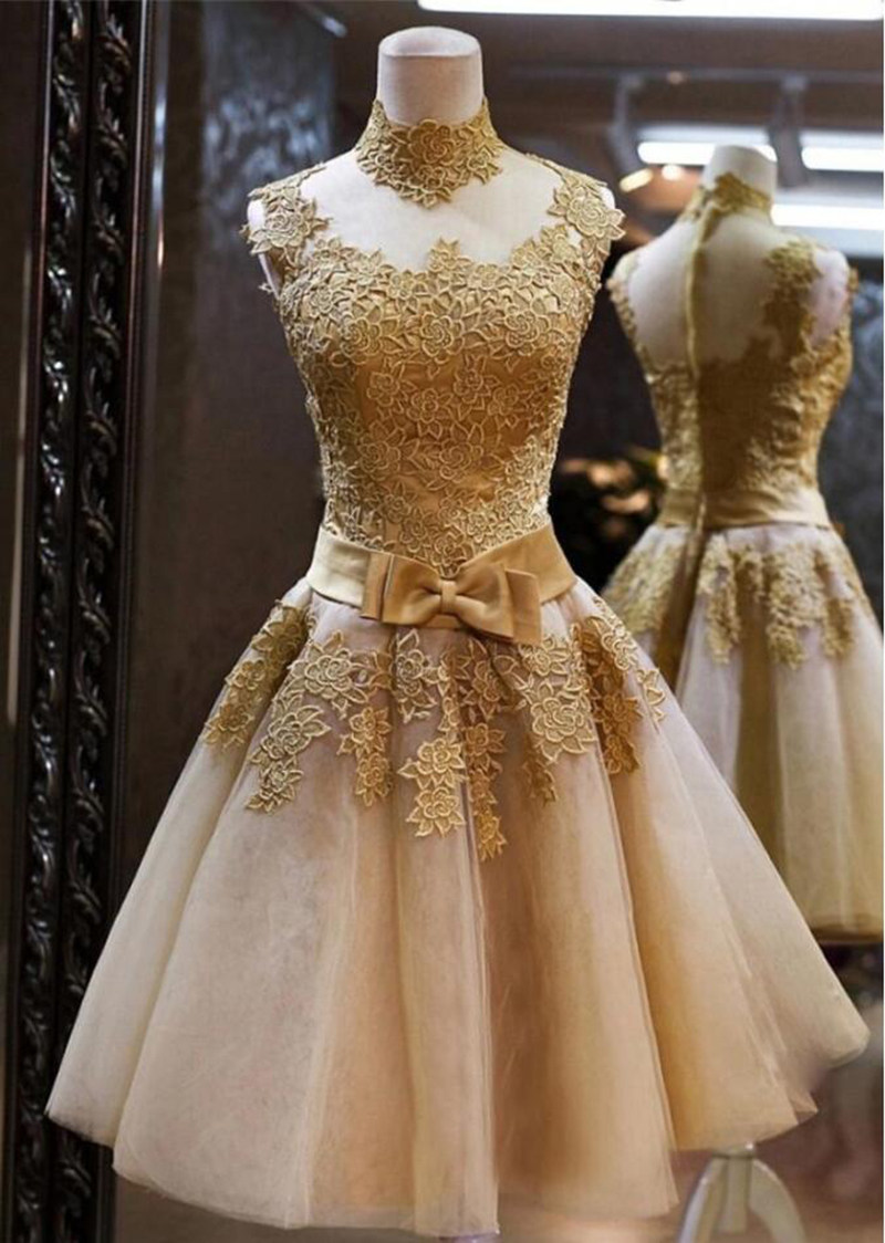 礼服女2017新款气质淑女宴会短款金色蕾丝高领主持优雅修身晚礼服_7折