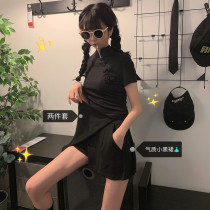 Summer net red suit Chinese style dark black girl modified cheongsam dress shorts two-piece female student tide