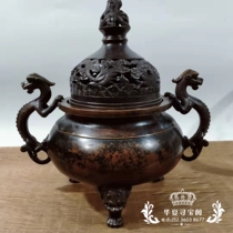 New antique bronze antique home living room porch decoration brass binaural three-legged dragon cover incense burner ornaments